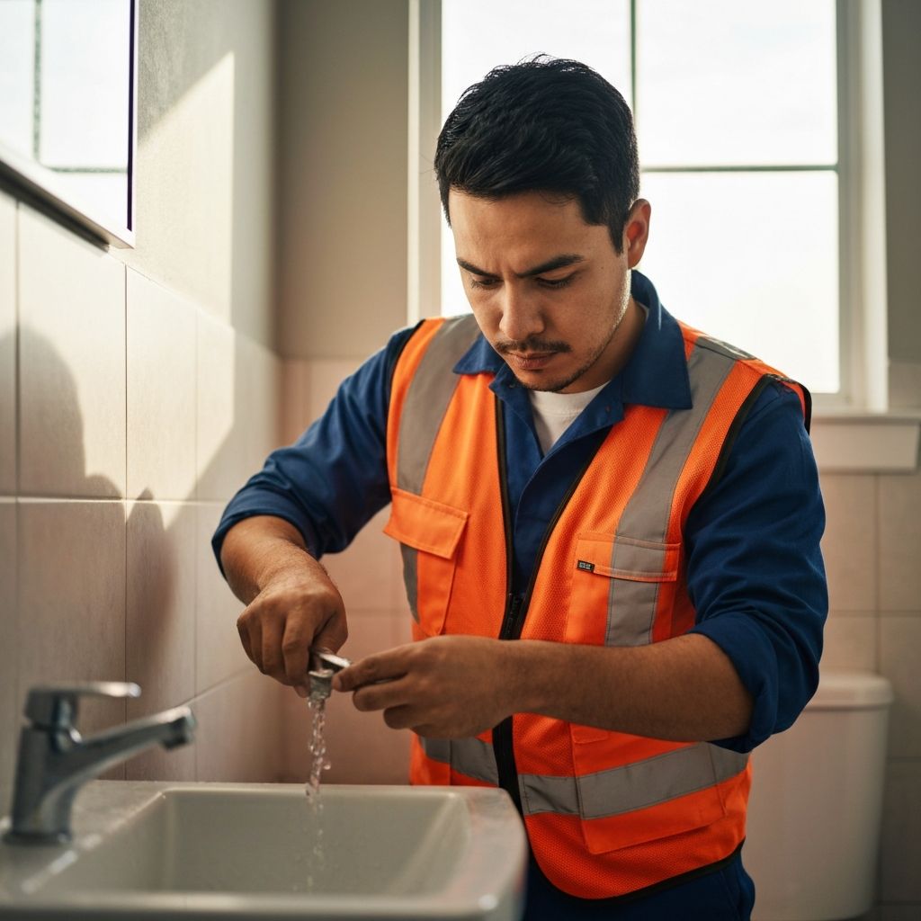 A tradesperson repairing a tap at a kitchen sink